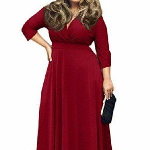 POSESHE Women's V-Neck Burgundy Red Plus Dress